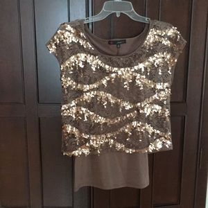 Bronze sequined lace overlay top. Size M